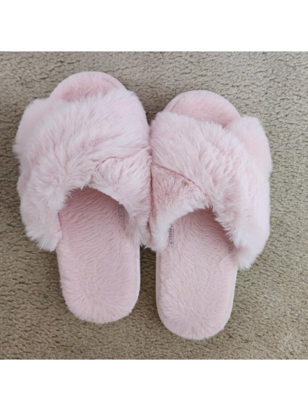 🆕Women's Pink Fuzzy Slippers Cross Band Memory Foam Faux-fur Open Toe Shoes